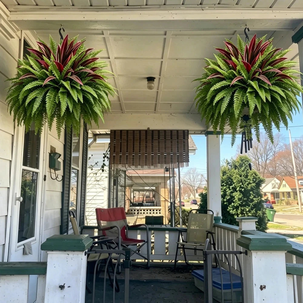UV Resistant Artificial Fern And Red Dracaena