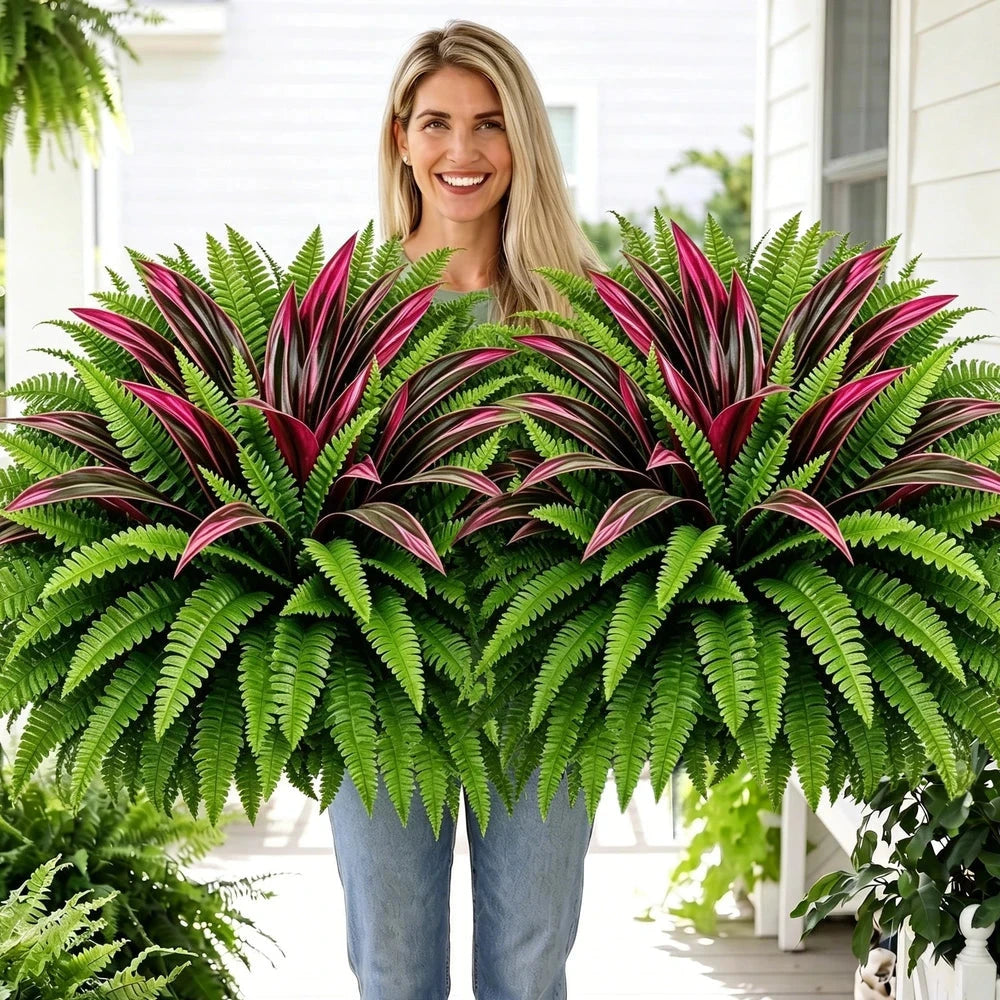 UV Resistant Artificial Fern And Red Dracaena