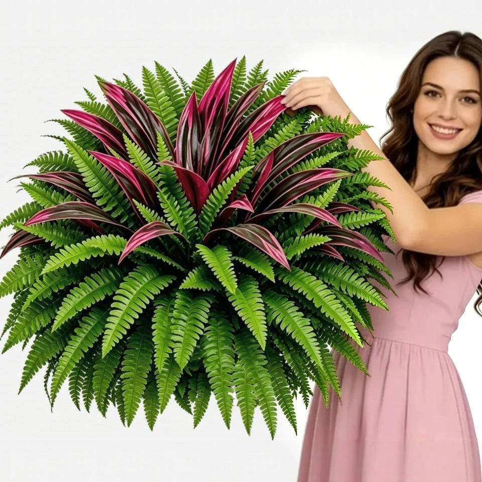 UV Resistant Artificial Fern And Red Dracaena
