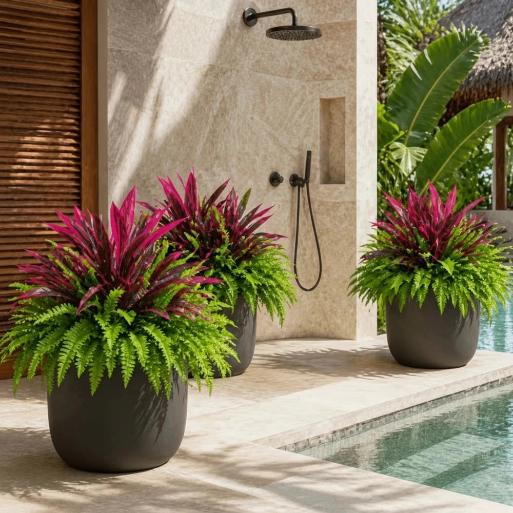 UV Resistant Artificial Fern And Red Dracaena