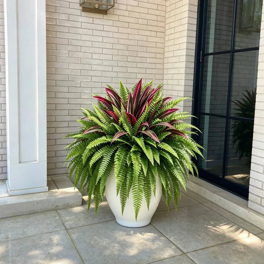 UV Resistant Artificial Fern And Red Dracaena