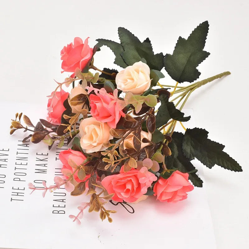 Rose Artificial Flowers 12Heads 33cm Fake Flowers For Home Room Decor Wedding Marriage Decoration DIY Craft Garland Accessories