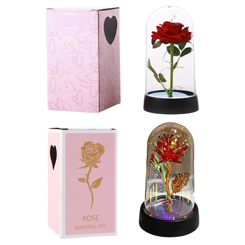 Artificial Rose Flowers Eternal Rose LED Light Foil Flower in Glass Cover Simulation Rose Flower Christmas Teachers' Day Gifts