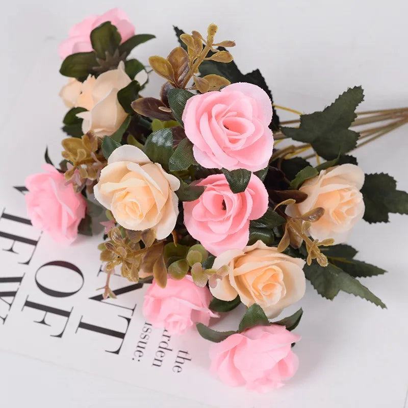 Rose Artificial Flowers 12Heads 33cm Fake Flowers For Home Room Decor Wedding Marriage Decoration DIY Craft Garland Accessories