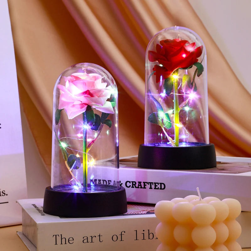 Artificial Rose Flowers Eternal Rose LED Light Foil Flower in Glass Cover Simulation Rose Flower Christmas Teachers' Day Gifts