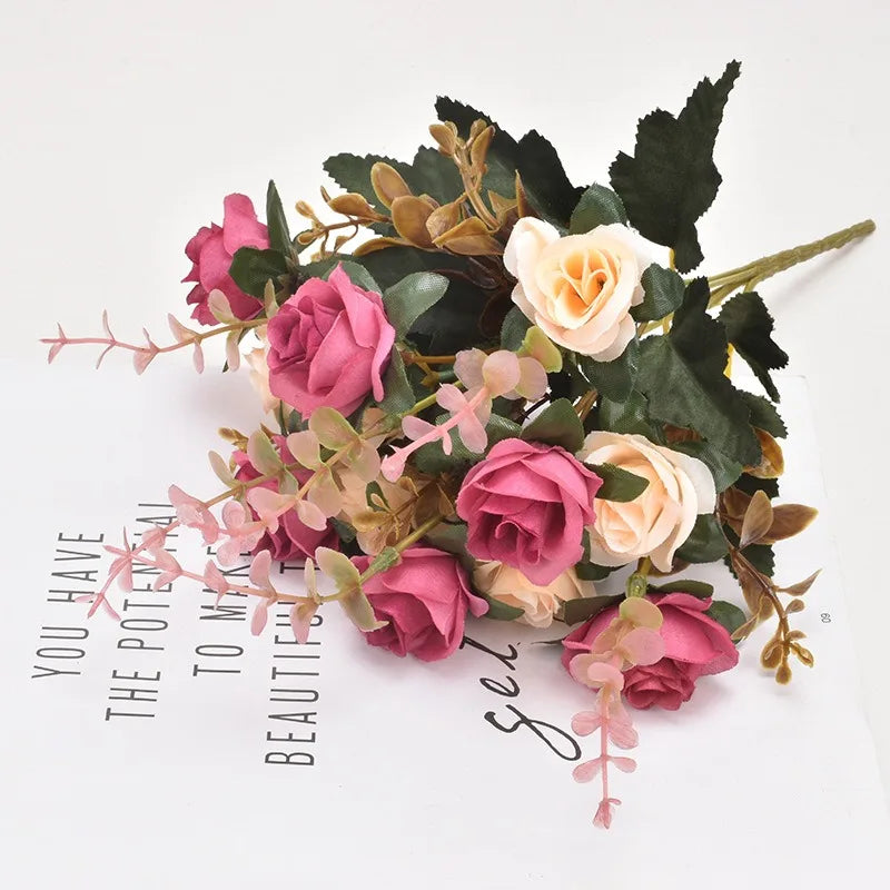 Rose Artificial Flowers 12Heads 33cm Fake Flowers For Home Room Decor Wedding Marriage Decoration DIY Craft Garland Accessories